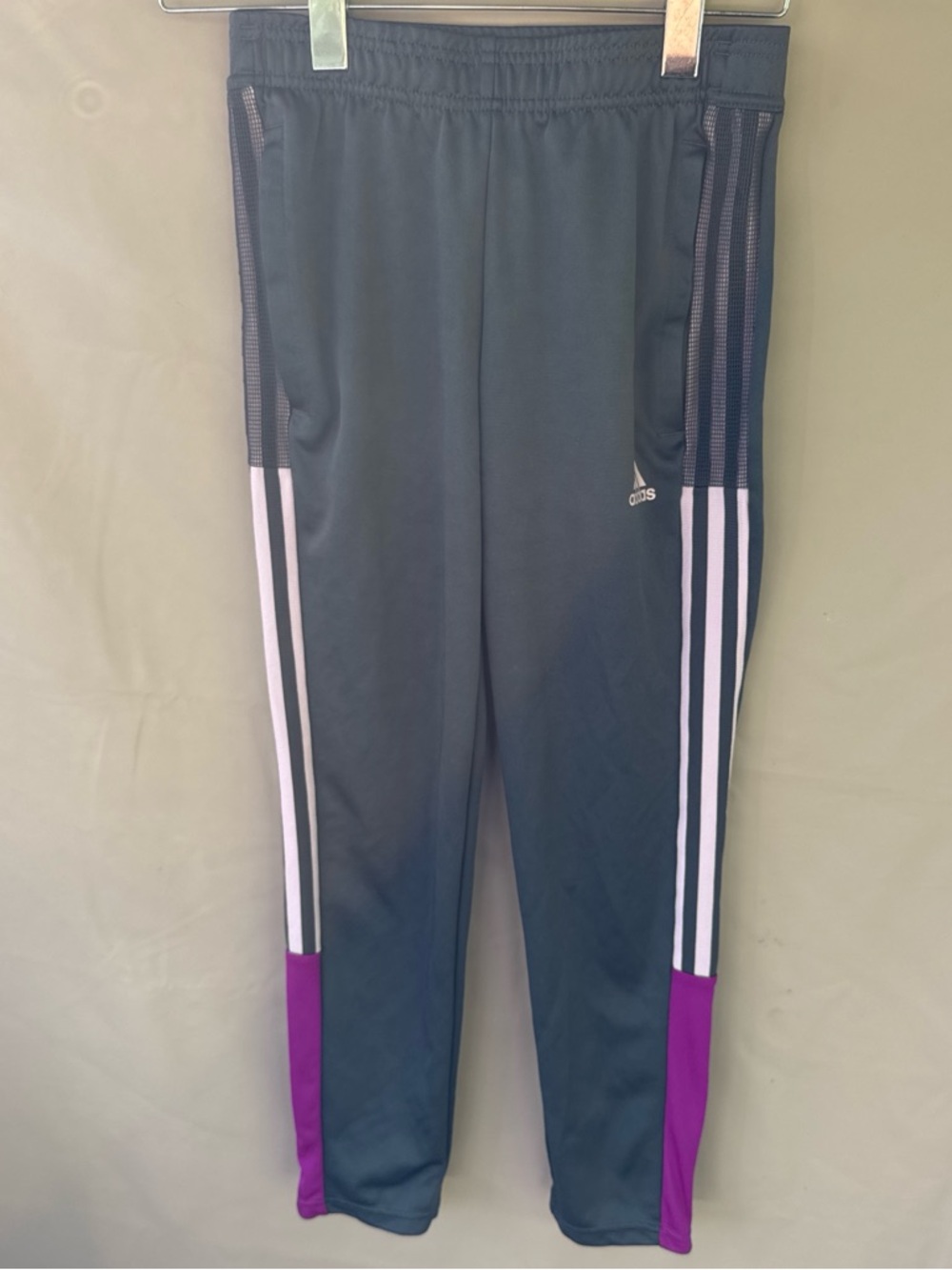 adidas grey Joggers with Purple Panels and White Stripes